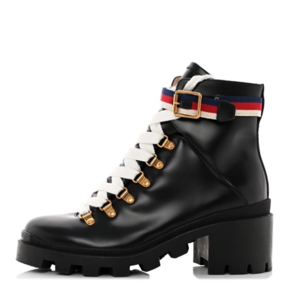 Gucci Calfskin Sylvie Web Womens Lace Up Combat Boots 37